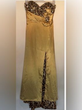 Alyce Designs Gold Satin Strapless Formal Dress Floral Leopard & Sequins